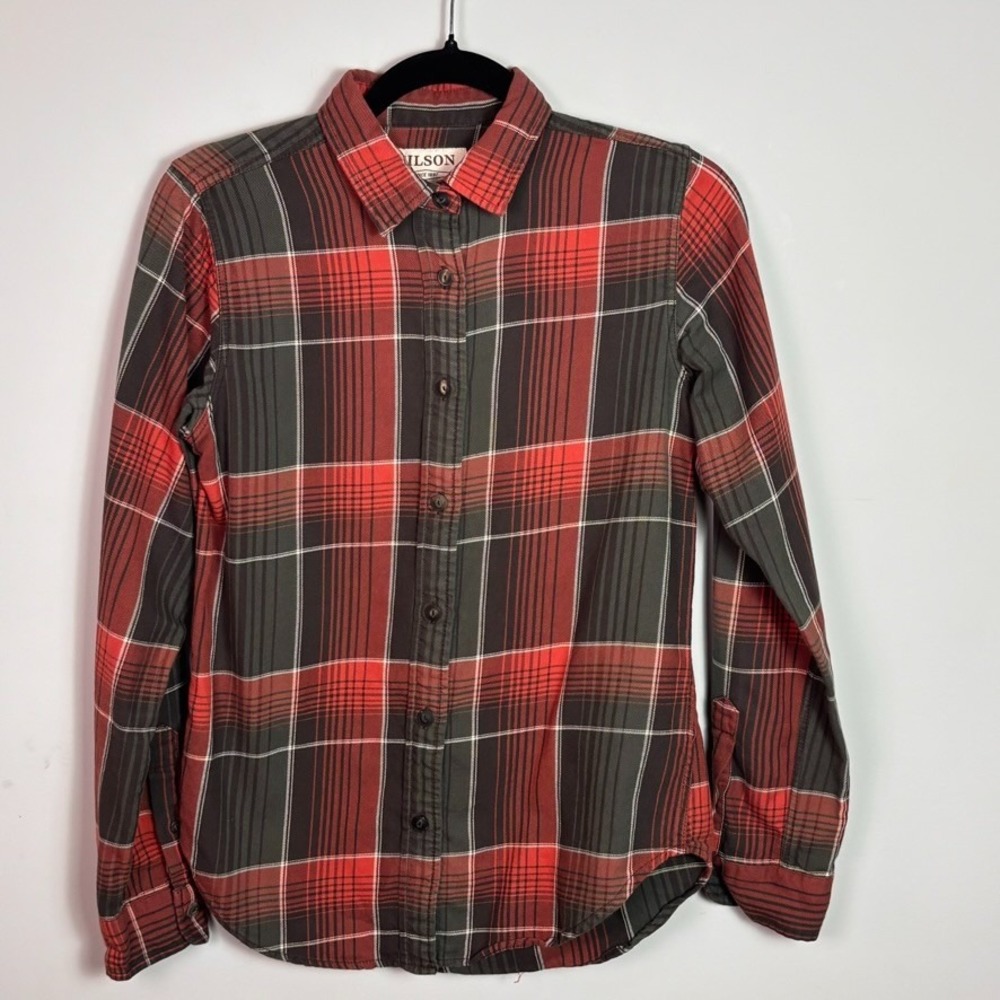 Filson Womens Red Brown Plaid Button Up Shirt Small Hiking Outdoors Classic Fall